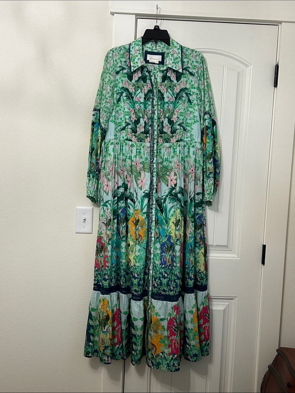 Anthropologie Green Tropical Floral Maxi Shirt Dress